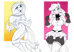 Size: 1024x724 | Tagged: safe, artist:zwitterkitsune, applejack, fluttershy, anthro, unguligrade anthro, big breasts, breasts, busty fluttershy, clothes, dress, gloves, huge breasts, looking at you, monochrome, neo noir, pants, partial color, shirt, smiling, unshorn fetlocks, wavy mouth