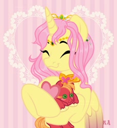Size: 1828x2000 | Tagged: safe, alternate version, artist:vizirka, imported from derpibooru, big macintosh, fluttershy, oc, oc:princess fluttershy, alicorn, pony, alicorn oc, alicornified, alternate hairstyle, alternate universe, commission, doll, element of kindness, female, fluttercorn, fluttermac, gift giving, hearts and hooves day, horn, jewelry, love letter, male, princess fluttershy, race swap, shipping, smiling, solo, straight, tiara, toy, wings, ych result