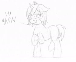 Size: 1674x1356 | Tagged: safe, pony, unicorn, 1337, monochrome, raised hoof, simple background, sketch, smiling