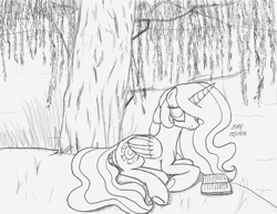 Size: 1650x1275 | Tagged: safe, princess celestia, alicorn, pony, /sun/, book, lying down, monochrome, reading, smiling, tree