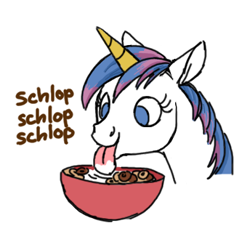 Size: 344x344 | Tagged: safe, artist:anonymous, pony, unicorn, /mlp/, bowl, cereal, eating, food, milk, simple background, smiling, tongue out, unirings, white background