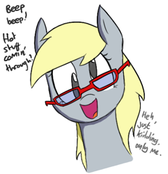 Size: 420x435 | Tagged: safe, artist:shoutingisfun, edit, derpy hooves, pegasus, pony, colored, cute, derpabetes, dialogue, female, glasses, happy, it was me, looking at you, mare, open mouth, self deprecation, simple background, solo, talking to viewer, white background