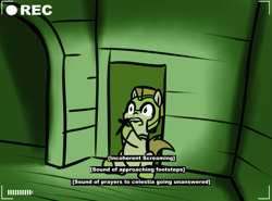 Size: 925x685 | Tagged: safe, artist:neuro, oc, oc only, earth pony, pony, armor, camera shot, crucifix, earth pony oc, female, guardsmare, haunted house, helmet, hoof hold, hoof shoes, mare, night vision, open mouth, royal guard, screaming, solo, subtitles, terrified, wide eyes