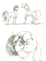 Size: 1000x1303 | Tagged: safe, artist:baron engel, imported from derpibooru, oc, oc:marble vein, oc:petina, pony, unicorn, female, kissing, lesbian, mare, monochrome, pencil drawing, story included, traditional art