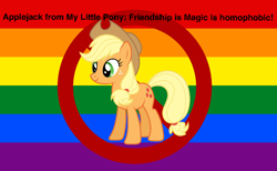 Size: 800x494 | Tagged: safe, imported from ponybooru, applejack, earth pony, pony, applejack's hat, blonde, blonde mane, blonde tail, clothes, cowboy hat, female, freckles, gay pride flag, green eyes, hat, homophobic, mare, orange coat, pride, pride flag, smiling, solo, text