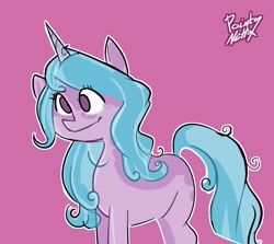 Size: 1760x1567 | Tagged: safe, artist:pointynetta, imported from derpibooru, izzy moonbow, pony, unicorn, cute, female, g5, izzybetes, mare, pink background, signature, simple background, smiling, solo