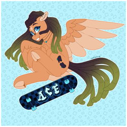 Size: 2300x2300 | Tagged: safe, artist:liefsong, imported from derpibooru, oc, oc only, oc:acid drop, pegasus, pony, dreadlocks, female, grin, high res, looking at you, mare, pegasus oc, simple background, skateboard, smiling, smiling at you, solo, underhoof, wings