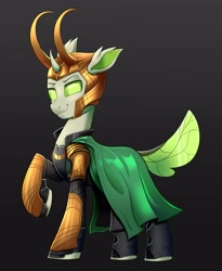 Size: 3079x3761 | Tagged: safe, artist:confetticakez, imported from derpibooru, oc, oc only, oc:copycat, changedling, changeling, pony, armor, cape, clothes, cosplay, costume, helmet, high res, horns, loki, looking at you, marvel, smiling, solo