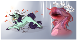 Size: 1576x831 | Tagged: safe, artist:crescentmyst, imported from derpibooru, oc, oc only, oc:cherry changa, earth pony, pony, blushing, cousins, cowboy hat, duo, embarrassed, flirting, flirty, floating heart, hat, heart, hidden eyes, male, offspring, parent:big macintosh, parent:cheerilee, parents:cheerimac, stallion