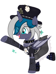 Size: 2292x3012 | Tagged: safe, artist:melissaterss, imported from derpibooru, oc, oc only, oc:elizabat stormfeather, alicorn, bat pony, bat pony alicorn, pony, alicorn oc, bat pony oc, bat wings, choker, clothes, fangs, female, flats, goth, hat, high res, horn, mare, open mouth, punk, raised hoof, raised leg, shirt, shoes, simple background, skirt, socks, solo, sparkles, stockings, t-shirt, thigh highs, top hat, transparent background, wings