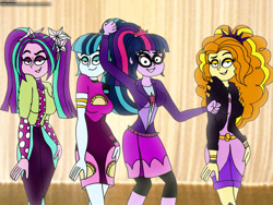 Size: 1280x960 | Tagged: safe, artist:rdj1995, imported from derpibooru, adagio dazzle, aria blaze, sci-twi, sonata dusk, twilight sparkle, equestria girls, female, glasses, grin, looking at you, performing, radio city music hall, smiling, smiling at you, the dazzlings