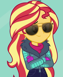 Size: 581x702 | Tagged: safe, imported from derpibooru, screencap, sunset shimmer, equestria girls, equestria girls series, holidays unwrapped, spoiler:eqg series (season 2), aviator sunglasses, cropped, solo, sunglasses, winter break-in