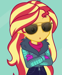 Size: 581x702 | Tagged: safe, imported from derpibooru, screencap, sunset shimmer, equestria girls, equestria girls series, holidays unwrapped, spoiler:eqg series (season 2), aviator sunglasses, cropped, female, solo, sunglasses, winter break-in