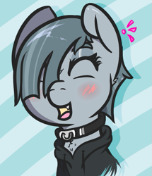 Size: 563x656 | Tagged: safe, artist:lazerblues, imported from derpibooru, marble pie, earth pony, pony, blushing, clothes, collar, eyes closed, hoodie, inky pie, open mouth, short hair, smiling, snaggletooth, solo