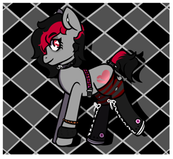 Size: 1094x1000 | Tagged: safe, artist:lazerblues, imported from derpibooru, oc, oc only, oc:miss eri, earth pony, pony, black and red mane, clothes, converse, ear piercing, emo, piercing, shoes, smiling, socks, solo, two toned mane