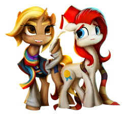 Size: 3210x2927 | Tagged: safe, artist:nicolaykoriagin, imported from derpibooru, doctor whooves, time turner, oc, oc:gallop crush, pegasus, pony, unicorn, derpibooru community collaboration, 2022 community collab, clothes, doctor who, fez, fourth doctor's scarf, hat, high res, scarf, simple background, sonic screwdriver, striped scarf, transparent background