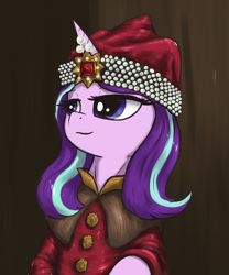 Size: 1428x1719 | Tagged: safe, artist:t72b, imported from derpibooru, starlight glimmer, pony, unicorn, alternate hairstyle, bust, clothes, crown, dracula, fine art parody, gem, hat, historical roleplay starlight, jewel, jewelry, pearl, portrait, regalia, solo, vlad tepes