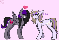 Size: 2431x1657 | Tagged: safe, artist:revenge.cats, imported from derpibooru, oc, oc only, oc:drizzling dasher, pegasus, pony, unicorn, colored wings, curved horn, duo, duo female, emo, eyes closed, fangs, female, frown, gradient wings, grin, heart, high res, horn, implied lesbian, implied shipping, mare, pegasus oc, pink background, short hair, simple background, small wings, smiling, spread wings, triforce, unicorn oc, wings