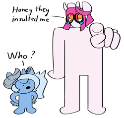 Size: 1343x1279 | Tagged: safe, artist:mopyr, imported from derpibooru, oc, oc only, oc:fort, oc:moosin, anthro, original species, angry, dialogue, horn, meme, pointing, pointing at you, simple background, size difference, white background