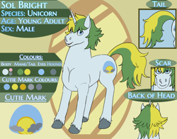 Size: 2300x1800 | Tagged: safe, artist:azurllinate, imported from derpibooru, oc, oc only, oc:sol bright, pony, unicorn, bangs, blue eyes, cloven hooves, colored, cutie mark, description is relevant, different angles, flat colors, green hair, hooves, horn, looking at you, male, muscles, muscular stallion, open mouth, reference sheet, scar, simple background, smiling, solo, strong, text, thick neck, two toned mane, two toned tail, unicorn oc, wavy mane, wavy tail, yellow hair