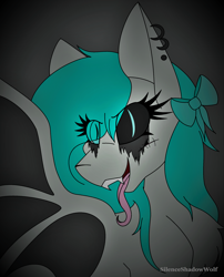 Size: 1943x2409 | Tagged: safe, artist:silenceshadowwolf, imported from derpibooru, oc, oc only, bat pony, pony, bat pony oc, bat wings, bow, bust, ear piercing, earring, eye clipping through hair, eyelashes, fangs, female, forked tongue, hair bow, heterochromia, jewelry, mare, piercing, solo, wings