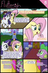 Size: 1280x1935 | Tagged: safe, artist:doodledonutart, artist:pony-thunder, imported from derpibooru, fluttershy, rarity, spike, dragon, pegasus, pony, unicorn, comic:fluttersigh, comic, high res