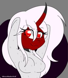 Size: 1893x2157 | Tagged: safe, artist:silenceshadowwolf, imported from derpibooru, oc, oc only, anthro, unicorn, abstract background, anthro oc, clothes, curved horn, eye clipping through hair, eyebrows, eyebrows visible through hair, eyelashes, female, gray background, high res, horn, looking at you, simple background, smiling, smiling at you, smirk, unicorn oc