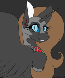 Size: 1928x2304 | Tagged: safe, artist:silenceshadowwolf, imported from derpibooru, oc, oc only, alicorn, pony, alicorn oc, bust, dark background, ear piercing, eyelashes, female, grin, helmet, horn, not nightmare moon, peytral, piercing, smiling, solo, wings