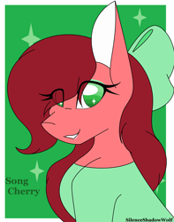 Size: 1850x2348 | Tagged: safe, artist:silenceshadowwolf, imported from derpibooru, oc, oc only, earth pony, pony, abstract background, bow, bust, clothes, earth pony oc, eye clipping through hair, female, grin, hair bow, mare, smiling, solo