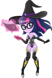 Size: 2561x3817 | Tagged: safe, artist:steyrrdash, imported from derpibooru, sci-twi, twilight sparkle, equestria girls, absolute cleavage, book, boots, breasts, cleavage, clothes, female, glowing hands, hat, high res, leotard, looking at you, mage, magic, shoes, show accurate, simple background, smiling, smiling at you, solo, telekinesis, thigh boots, transparent background, vector, witch hat