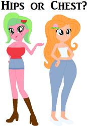 Size: 437x632 | Tagged: safe, artist:selenaede, artist:sturk-fontaine, imported from derpibooru, oc, oc:melon kiss, oc:peach blossom, equestria girls, base used, bases used, big breasts, breasts, child bearing hips, duo, duo female, female, hips or chest, simple background, white background, wide hips