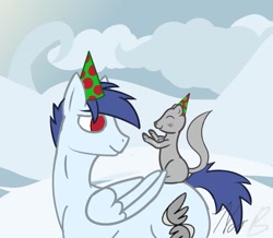 Size: 925x805 | Tagged: safe, artist:noir-b, imported from derpibooru, oc, oc:beauvoir ferril, oc:slipstream, ferret, pegasus, pony, cloud, folded wings, hat, looking back, party hat, sky, smiling, wings