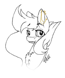 Size: 697x835 | Tagged: safe, artist:inspiredpixels, imported from derpibooru, oc, oc only, pony, bust, chest fluff, ear piercing, earring, eyebrows, eyebrows visible through hair, fangs, jewelry, looking at you, piercing, signature, simple background, sketch, smiling, smiling at you, solo, white background