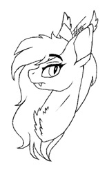 Size: 547x880 | Tagged: safe, artist:inspiredpixels, imported from derpibooru, oc, oc only, bat pony, pony, bat pony oc, bat wings, bust, chest fluff, ear fluff, eyebrows, eyebrows visible through hair, fangs, female, frown, looking at you, mare, profile, signature, slit eyes, slit pupils, solo, wings