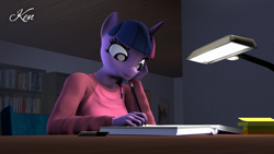 Size: 1920x1080 | Tagged: source needed, safe, artist:kenaga, imported from derpibooru, twilight sparkle, anthro, plantigrade anthro, 3d, bedroom, book, bookshelf, female, nexgen, solo, source filmmaker, studying