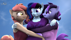 Size: 1920x1080 | Tagged: source needed, safe, artist:kenaga, imported from derpibooru, oc, oc only, oc:atari, oc:maple cake, oc:raven storm, anthro, plantigrade anthro, 3d, cute, female, group hug, hug, nexgen, ocbetes, smiling, source filmmaker