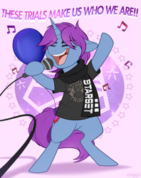 Size: 951x1200 | Tagged: safe, artist:higgly-chan, imported from derpibooru, oc, oc only, oc:mobian, pony, unicorn, balloon, bipedal, clothes, eyes closed, happy, hoof hold, lyrics, microphone, open mouth, raised hoof, scarf, shirt, simple background, singing, song reference, standing on two hooves, standing up, starset, t-shirt, text