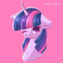 Size: 2048x2048 | Tagged: safe, artist:limeox1, imported from derpibooru, twilight sparkle, pony, bust, female, floppy ears, frown, high res, mare, one eye closed, pink background, portrait, simple background, solo