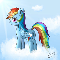 Size: 1000x1000 | Tagged: safe, artist:giftry365, imported from derpibooru, rainbow dash, pegasus, pony, cloud, female, mare, on a cloud, sky background, solo, standing on a cloud