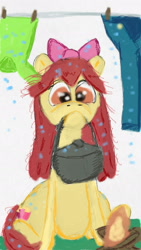 Size: 1080x1920 | Tagged: safe, artist:kaykeyser, imported from derpibooru, apple bloom, earth pony, pony, camping, clothes, clothes hanger, female, filly, fire