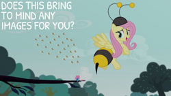 Size: 1280x720 | Tagged: safe, edit, edited screencap, editor:quoterific, imported from derpibooru, screencap, fluttershy, seabreeze, bee, breezie, insect, pegasus, pony, it ain't easy being breezies, season 4, animal costume, bee costume, clothes, costume, female, flutterbee, flying, mare, open mouth, tree