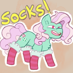 Size: 1000x1000 | Tagged: safe, artist:apatheticxaddict, imported from derpibooru, minty, earth pony, pony, a very minty christmas, chest fluff, clothes, cute, ear fluff, female, mintabetes, open mouth, simple background, socks, solo, stockings, striped socks, text, that pony sure does love socks, thigh highs