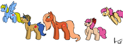 Size: 1800x648 | Tagged: safe, artist:moonstruck-badger, imported from derpibooru, oc, oc:apple blossom, oc:applebuck, oc:skyline, oc:sugar cube, oc:sweet stuff, earth pony, pegasus, pony, bow, brother and sister, clothes, colt, cousins, cowboy hat, female, filly, fraternal twins, freckles, hair bow, hat, male, offspring, parent:applejack, parent:big macintosh, parent:braeburn, parent:fluttershy, parent:pinkie pie, parent:soarin', parents:braepie, parents:fluttermac, parents:soarinjack, pronking, siblings, simple background, sisters, vest, white background