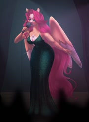 Size: 926x1280 | Tagged: safe, artist:blueomlette, imported from derpibooru, oc, oc only, anthro, pegasus, anthro oc, bedroom eyes, bent over, blushing, breasts, cleavage, clothes, commission, crowd, digital art, dress, eye clipping through hair, eyebrows, eyebrows visible through hair, female, microphone, pegasus oc, singing, solo, solo female, spread wings, tail, thighs, wide hips, wings, ych result