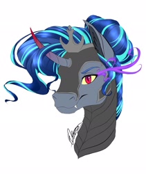 Size: 1727x2048 | Tagged: safe, artist:eperyton, imported from derpibooru, oc, oc only, pony, unicorn, bust, curved horn, fangs, horn, magical gay spawn, male, offspring, parent:king sombra, parent:shining armor, parents:shiningsombra, signature, simple background, solo, sombra eyes, stallion, unicorn oc, white background