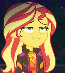 Size: 636x711 | Tagged: safe, imported from derpibooru, screencap, sunset shimmer, equestria girls, equestria girls series, sunset's backstage pass!, spoiler:eqg series (season 2), blushing, cropped, music festival outfit, out of context, solo