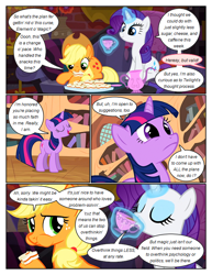 Size: 612x792 | Tagged: safe, artist:newbiespud, edit, edited screencap, imported from derpibooru, screencap, applejack, rarity, twilight sparkle, earth pony, pony, unicorn, comic:friendship is dragons, made in manehattan, applejack's hat, book, bookshelf, comic, cowboy hat, cup, dialogue, eating, eyelashes, eyes closed, female, freckles, glowing horn, hat, hoof hold, horn, indoors, magic, mare, open mouth, screencap comic, sitting, teacup, telekinesis, unicorn twilight