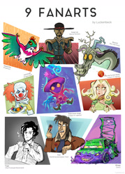 Size: 1081x1507 | Tagged: safe, artist:luckenbeck, imported from derpibooru, discord, draconequus, hawlucha, human, six fanarts, bust, car, cars (pixar), clothes, clown, clown nose, crossover, dragon ball, gambling apocalypse: kaiji, grin, hat, league of legends, male, mortal kombat, pokémon, red nose, smiling, the promised neverland, thinking