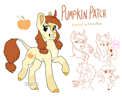 Size: 2272x1866 | Tagged: safe, artist:moccabliss, imported from derpibooru, oc, oc only, oc:pumpkin patch, hybrid, pony, curved horn, female, heart eyes, horn, interspecies offspring, leonine tail, magical lesbian spawn, offspring, parent:applejack, parent:autumn blaze, parents:autumnjack, solo, wingding eyes