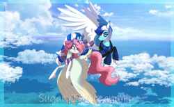 Size: 1280x786 | Tagged: safe, artist:sugaryicecreammlp, imported from derpibooru, oc, oc only, oc:celestial star, oc:wind storm, pegasus, pony, clothes, cloud, female, flying, goggles, male, mare, scarf, stallion